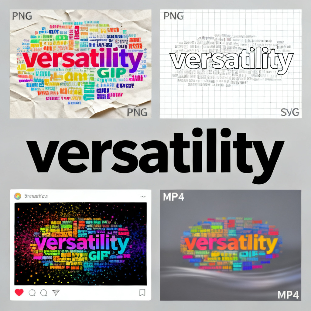 A collage showing four different output formats from a word cloud tool: a high-resolution PNG for printing, a transparent SVG for web design, an animated GIF for social media, and an MP4 video for presentations, with the word "versatility" in the center