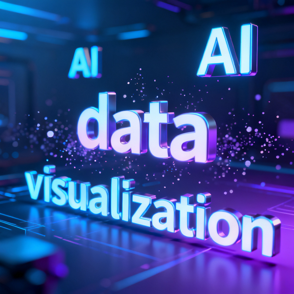 A futuristic 3D word cloud with glowing keywords like 'AI', 'data', 'visualization' floating in a digital space, cinematic lighting with blue and purple gradients, particles drifting around the words, photorealistic rendering