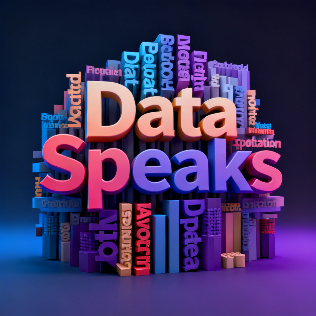 A final showcase of a beautifully designed, multi-colored 3D word cloud on a dark gradient background, with the text 'Data Speaks' prominently displayed, representing the ultimate visual output.