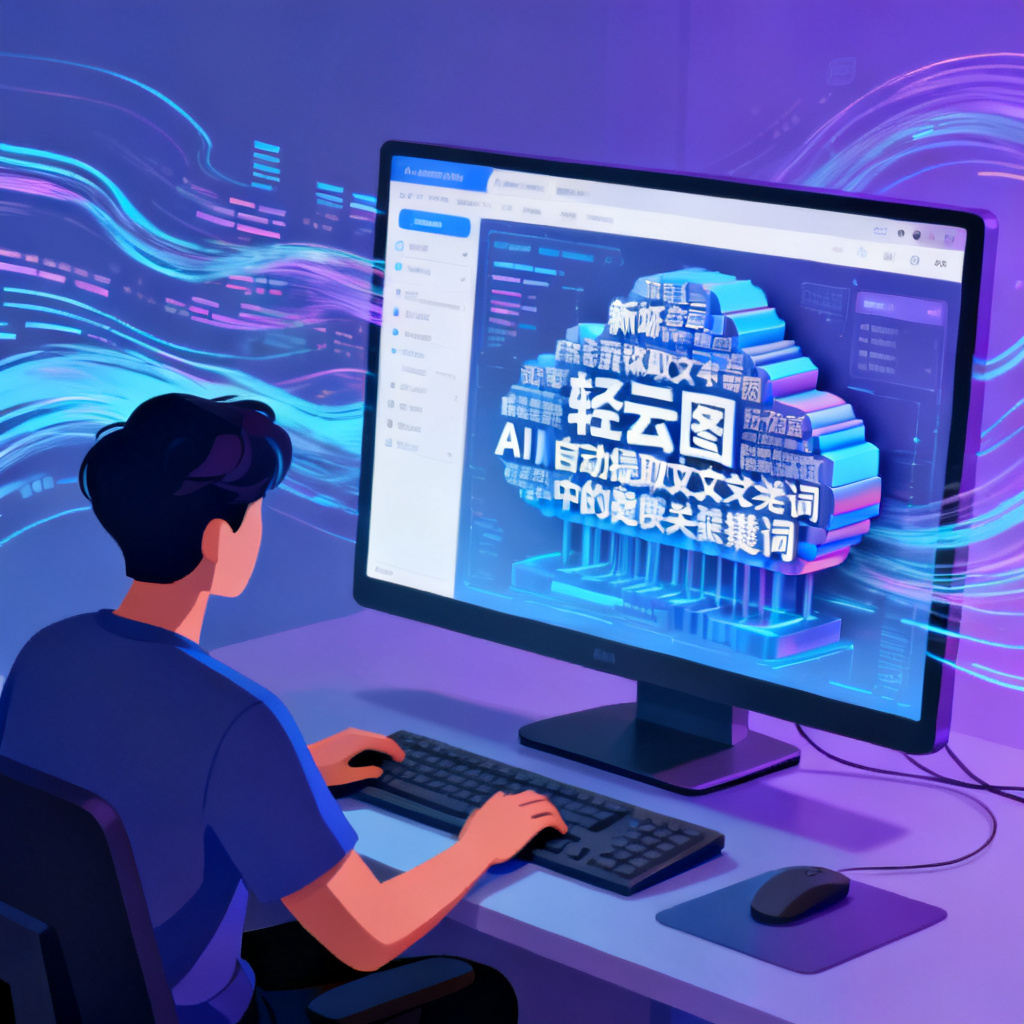 一个新媒体运营者在电脑前使用轻云图界面，AI自动提取文本中的关键词形成3D文字云，背景有数据流和动画效果