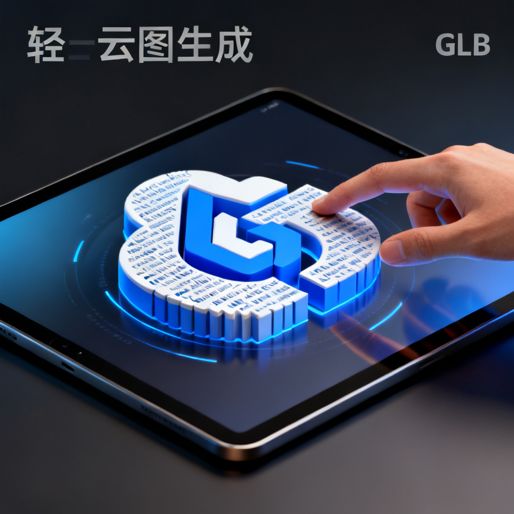 一台平板电脑上展示轻云图生成的GLB格式3D词云，用户手指滑动实现模型旋转，词云以蓝色和白色为主，呈现企业Logo形状，背景为深色渐变，突出科技感