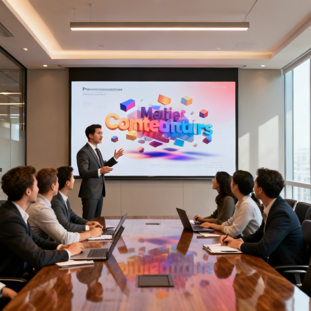 A business professional presenting a 3D word cloud embedded in a PowerPoint slide, with audience looking impressed, modern office setting.