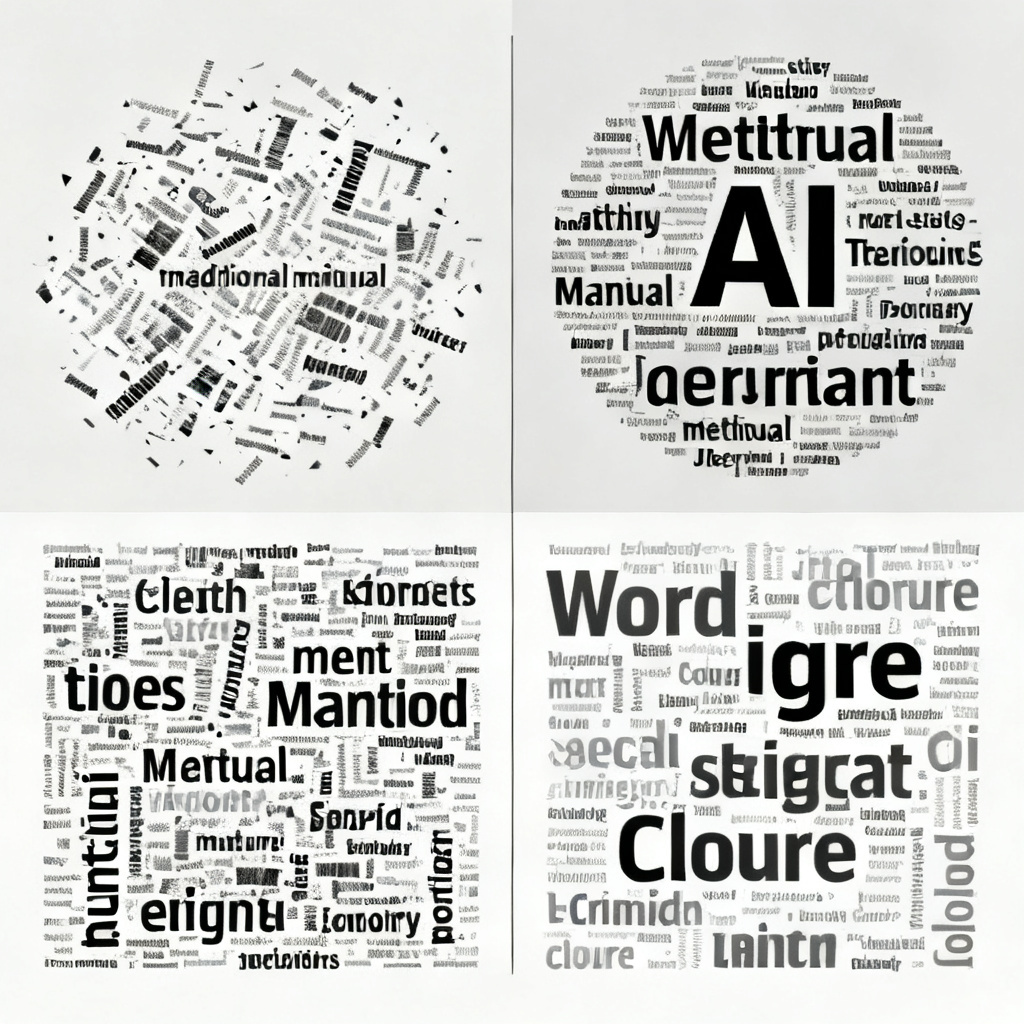 A side-by-side comparison of a traditional manual word cloud on the left, showing scattered and imprecise keywords, and an AI-generated word cloud on the right, with neatly clustered and weighted keywords, highlighting the contrast in precision