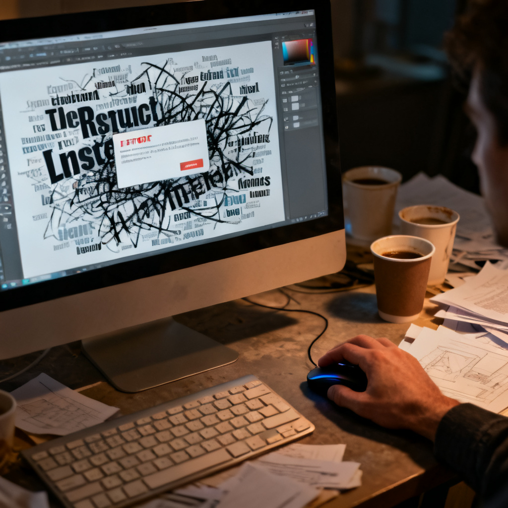 A close-up of a designer's hand clicking a mouse, with a computer screen showing a messy word cloud and error message, surrounded by empty coffee cups and scattered papers. The scene is dimly lit, conveying exhaustion and frustration.