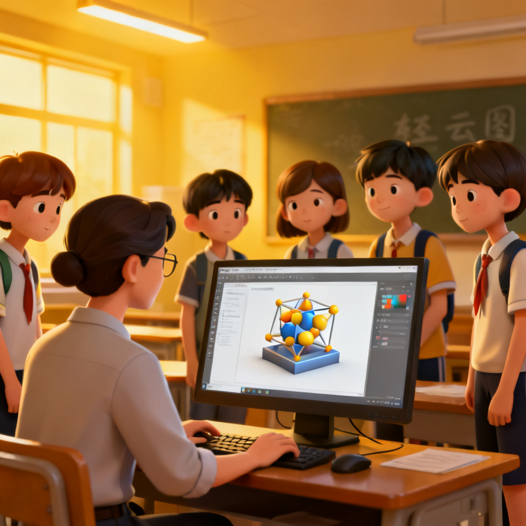 教育工作者用轻云图制作课堂互动演示，3D模型嵌入PPT，学生围观