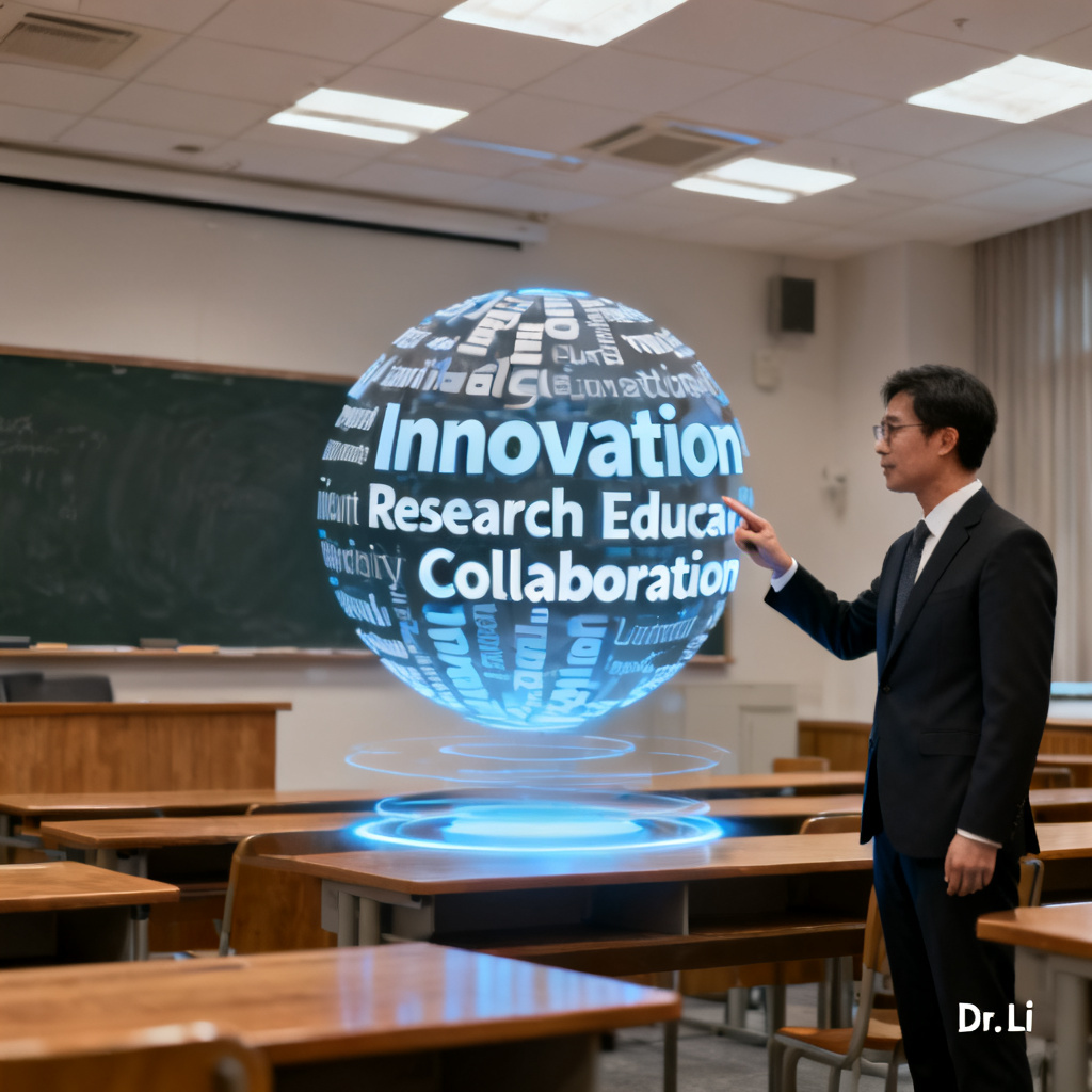 A professional-looking PPT slide with a 3D word cloud embedded. The word cloud is glowing and rotating slowly, with the presenter pointing at it. The slide is clean and modern, in a university lecture hall setting.