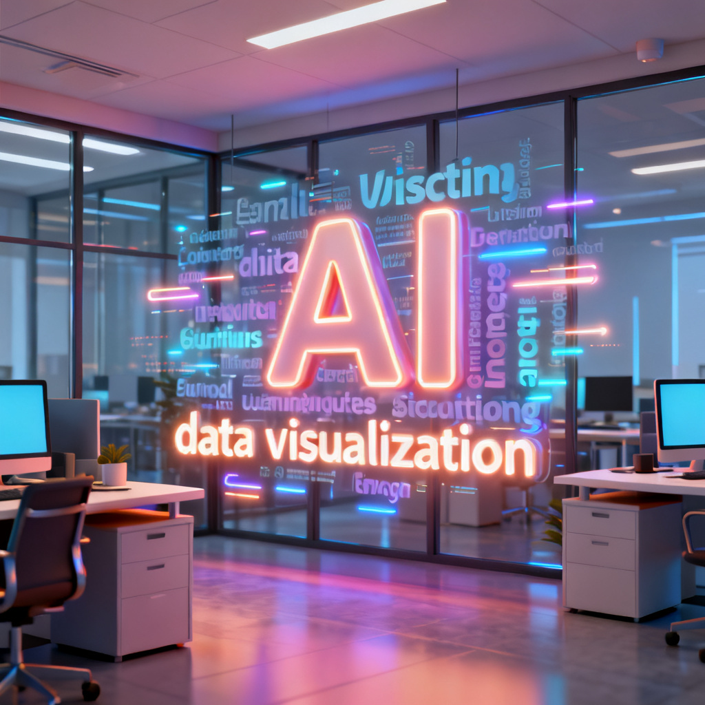 A 3D word cloud with animated glow effects, featuring keywords like 'AI' and 'data visualization', in a modern office setting