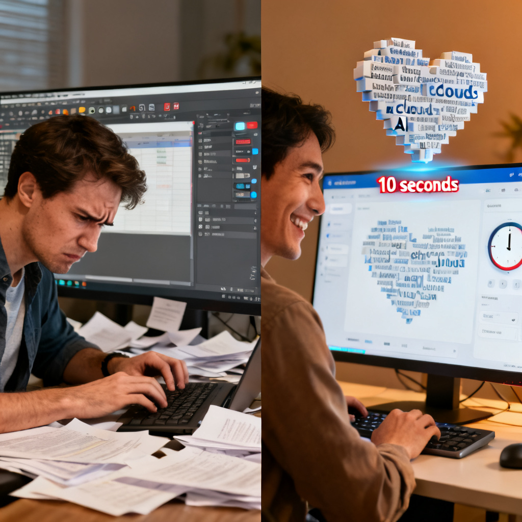 A comparison scene showing two people working on word clouds. On the left, a person looks frustrated, surrounded by papers and a traditional software interface with complex menus. On the right, a person smiles while using a sleek AI tool interface, with a timer showing "10 seconds" and a completed 3D word cloud.