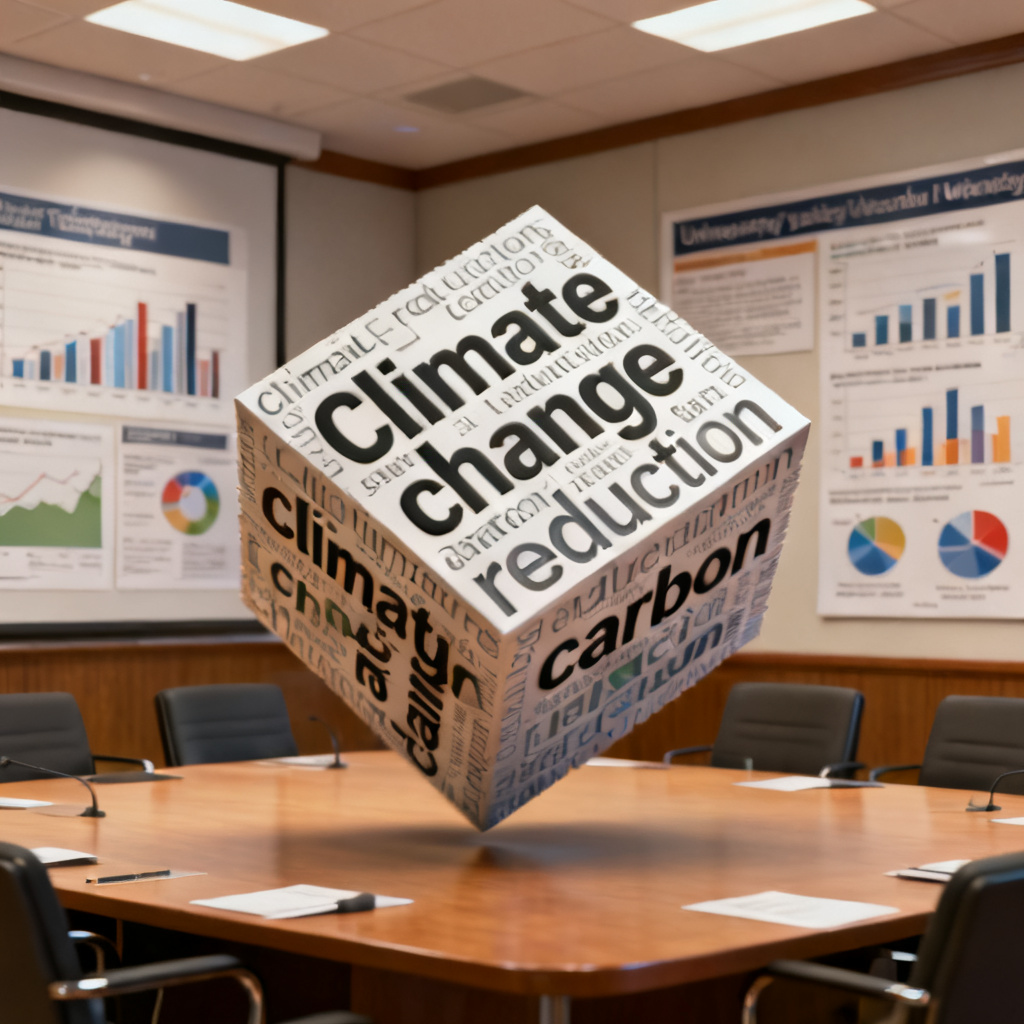 A 3D word cloud with keywords like "climate change" and "carbon reduction" rotating slowly in a university conference room, background with data charts and academic posters, style realistic and professional