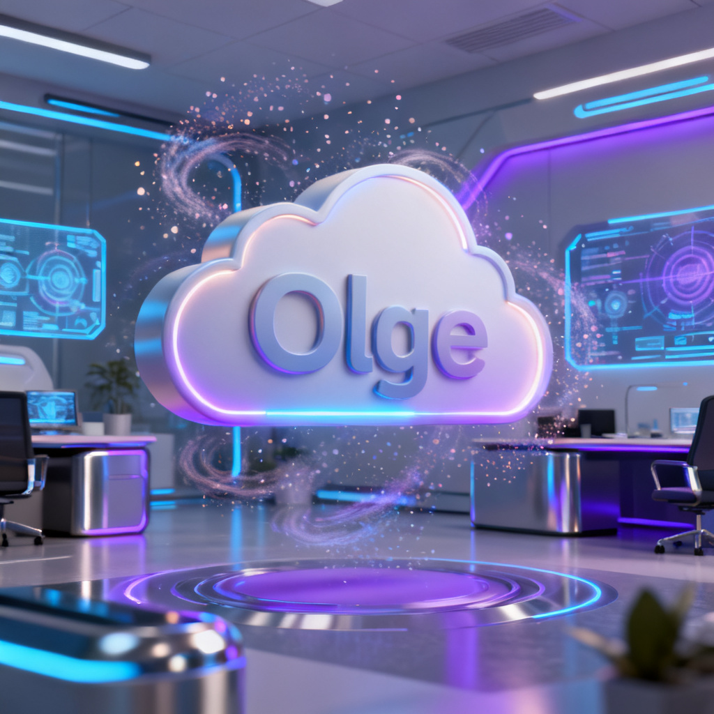 A sleek 3D word cloud floating in a futuristic office, with dynamic particles and glowing edges, representing the visual appeal of light cloud diagram