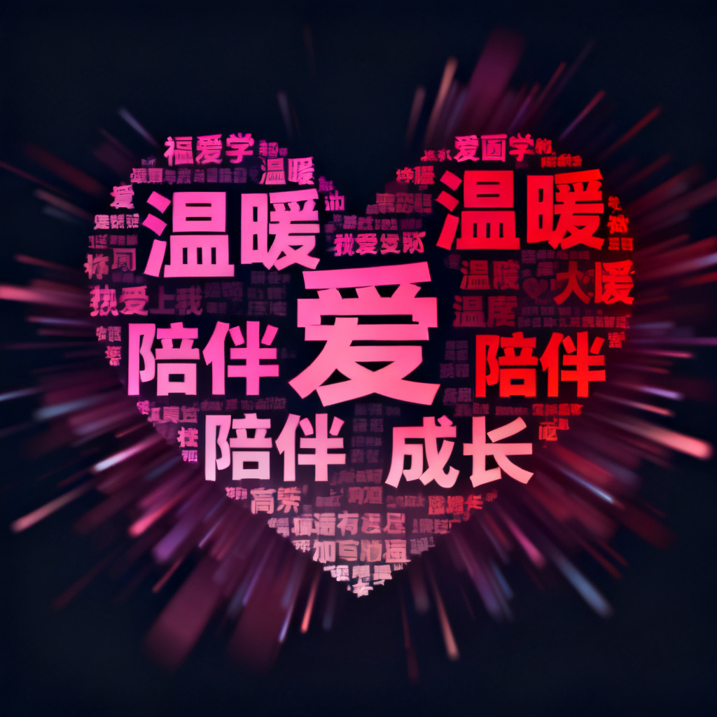 一个动态文字云，形状为心形，关键词包括“爱”“温暖”“陪伴”“成长”，文字颜色为粉色到红色渐变，动画为关键词从中心向外扩散