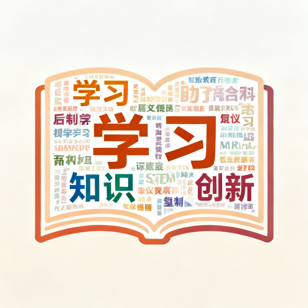 教育场景文字云，形状为书本，关键词“学习”“知识”“创新”，柔和暖色调，高清PNG输出