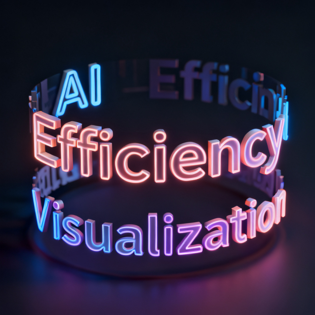 A 3D word cloud with keywords like "AI", "Efficiency", "Visualization" rotating smoothly in a dark background. The words are illuminated with neon lights, creating a futuristic and professional atmosphere.
