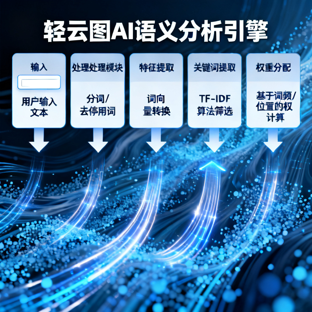 轻云图AI语义分析引擎的流程图，展示从输入文本到自动提取关键词、分配权重的智能处理过程，背景为数据流可视化