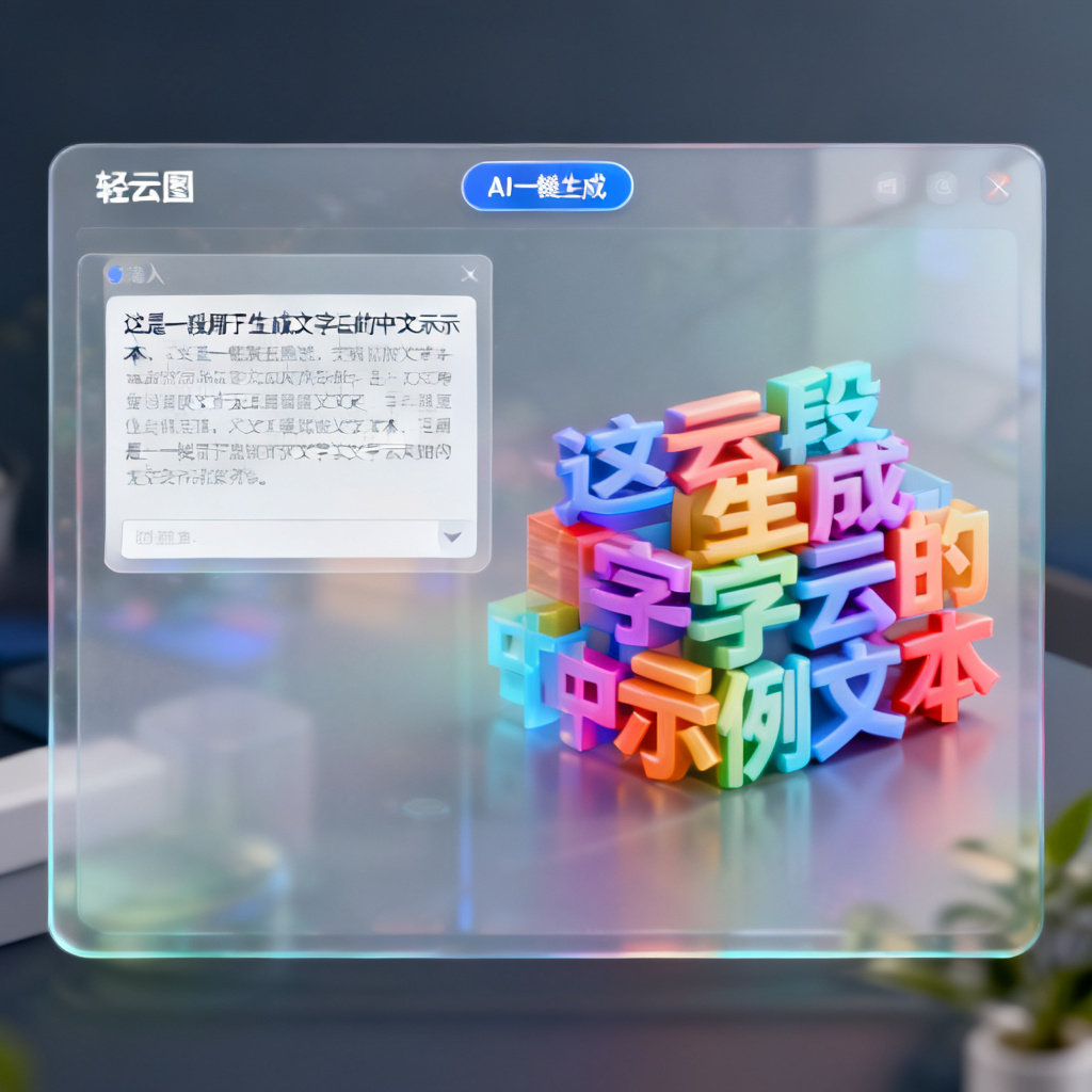 轻云图软件界面,左侧输入框中显示中文段落,右侧实时生成彩色3D文字云,界面顶部有“AI一键生成”按钮,整体风格为毛玻璃质感,简洁现代