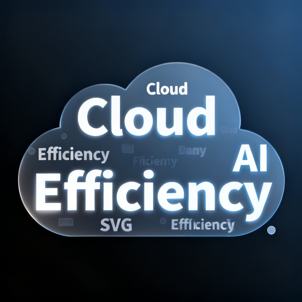 A transparent background SVG word cloud in the shape of a cloud, with keywords like "Cloud", "AI", "Efficiency" floating freely, suitable for overlay on a dark gradient background