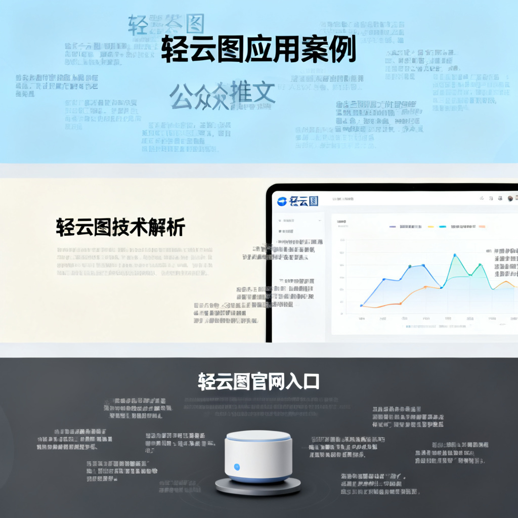 三张并列的图片,分别展示轻云图在公众号推文、学术PPT和官网首页中的应用场景,每张图都有文字云与界面融合。