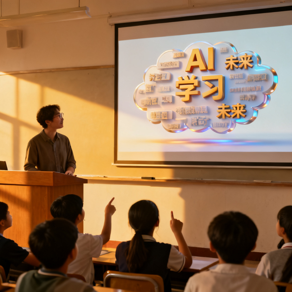 一位教育工作者在讲台上展示3D文字云，学生抬头观看，屏幕上的词云包含“AI”“学习”“未来”等关键词