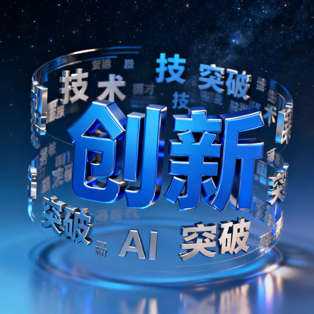 轻云图生成的3D文字云展示,核心词“创新”以蓝色立体字体凸出,背景为深空蓝渐变,小字关键词如“技术”“突破”“AI”环绕分布,整体呈动态旋转效果,光照反射体现金属质感