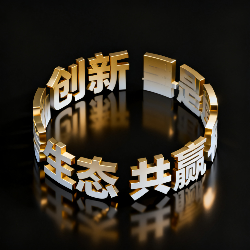 3D立体文字云，形状为圆形，关键词“创新”“生态”“共赢”，金色与白色渐变，背景纯黑，高光反射