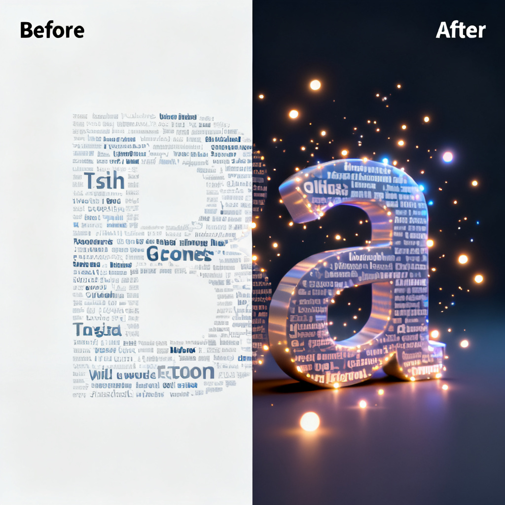 A split-screen comparison: left side shows a static 2D word cloud with small fonts, right side shows a 3D animated word cloud with glowing particles, labeled "Before" and "After"