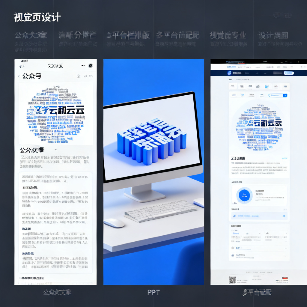 一张拼接图，左侧是公众号文章中的文字云插图，中间是PPT幻灯片中的3D文字云模型，右侧是网页中的交互式文字云，展示多平台适配