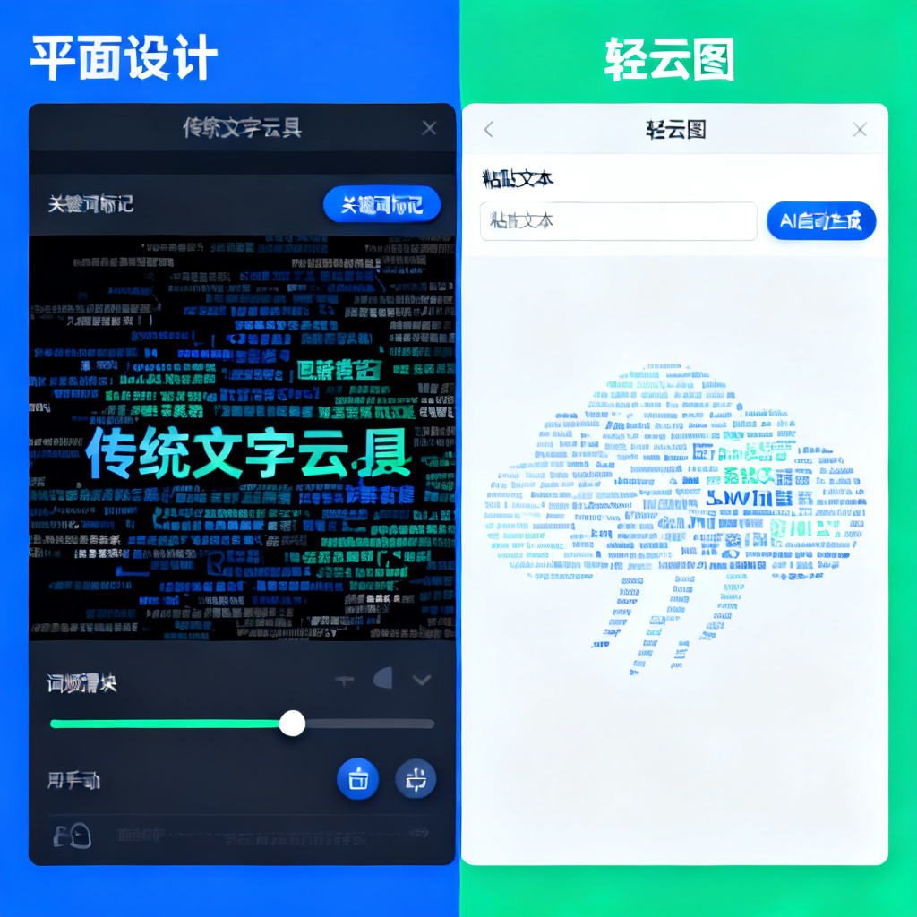 对比画面:左侧为传统文字云工具界面,用户手动标记关键词、调整词频滑块,界面杂乱;右侧为轻云图界面,用户仅需粘贴文本,AI自动生成整洁词云,效率对比鲜明