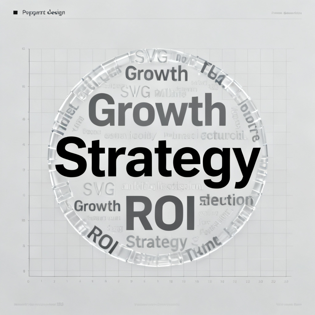 A minimalist presentation slide with a transparent SVG word cloud overlay on a business chart, keywords "Growth", "Strategy", "ROI" arranged in a circular pattern, clean corporate design
