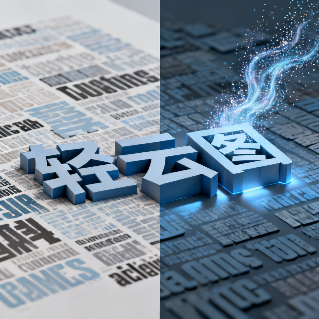 对比图：左侧是传统2D平面词云，颜色单调、文字堆叠；右侧是轻云图生成的3D立体词云，核心关键词放大突出，背景有粒子动画效果，视觉冲击力明显