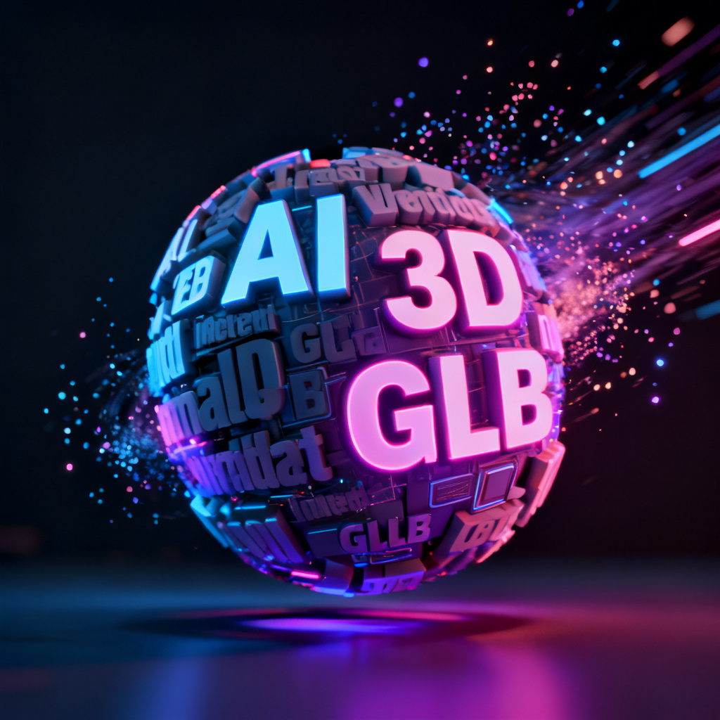 A 3D word cloud with animated particle effects, keywords like “AI”“3D”“GLB” prominently displayed, rotating in a dark background with neon lighting.