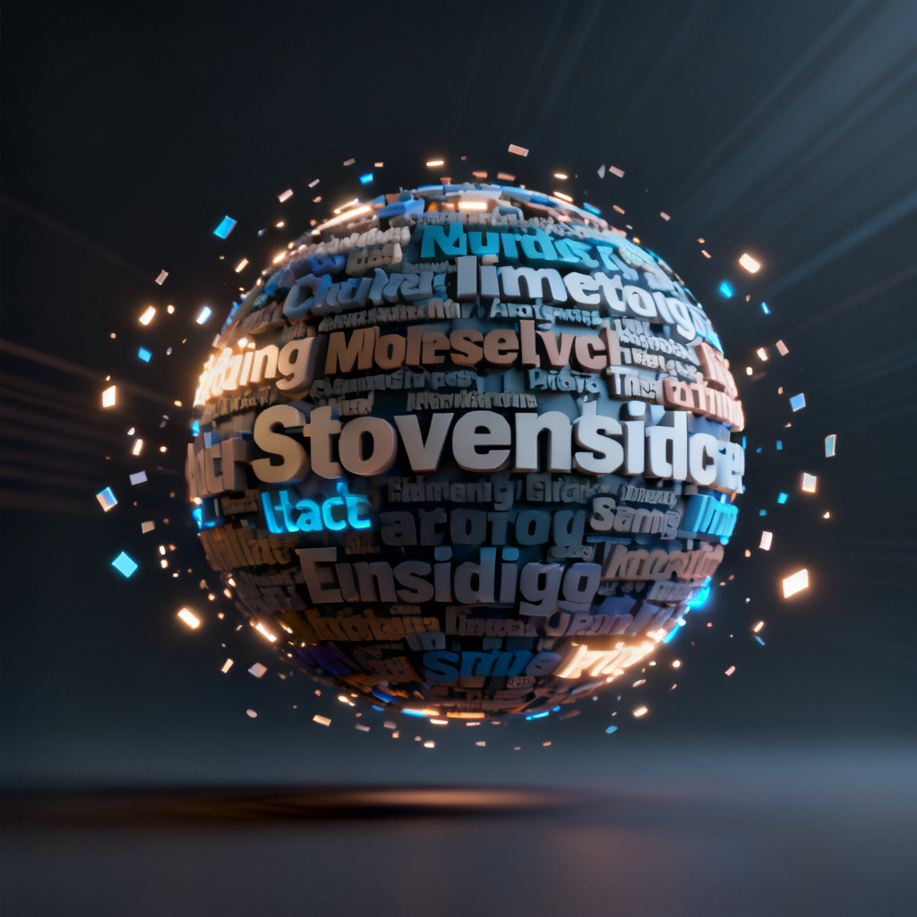 A 3D word cloud rotating in mid-air, with glowing text particles floating around it. The words are in various sizes and colors, arranged in a spherical shape. The background is a dark gradient with subtle light rays, giving a futuristic and professional feel.