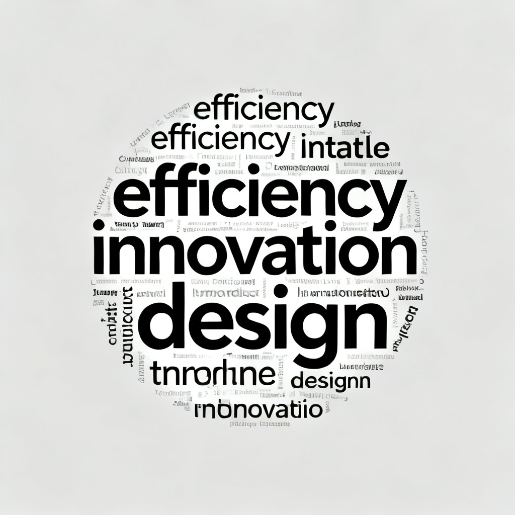 A clean and professional word cloud in a circular shape, keywords like "efficiency", "innovation", "design" in minimalist black and white color scheme, set on a light gray background, high resolution