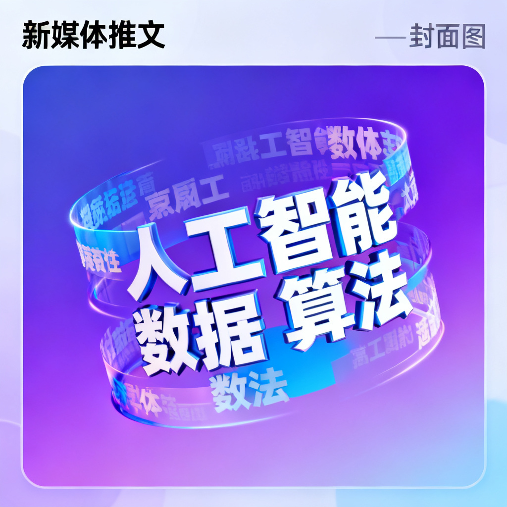 一张新媒体推文封面图,中央是3D文字云,关键词包括“人工智能”“数据”“算法”,文字呈动态旋转效果,背景为渐变的紫色和蓝色,整体风格时尚且具有科技感