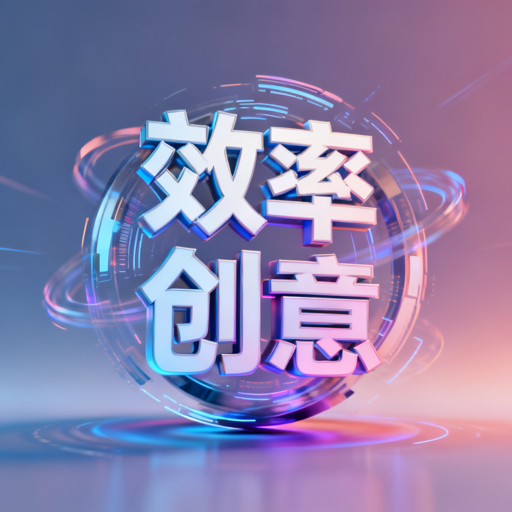 动态文字云，关键词“效率”“创意”以3D动画旋转，背景渐变色，科技感