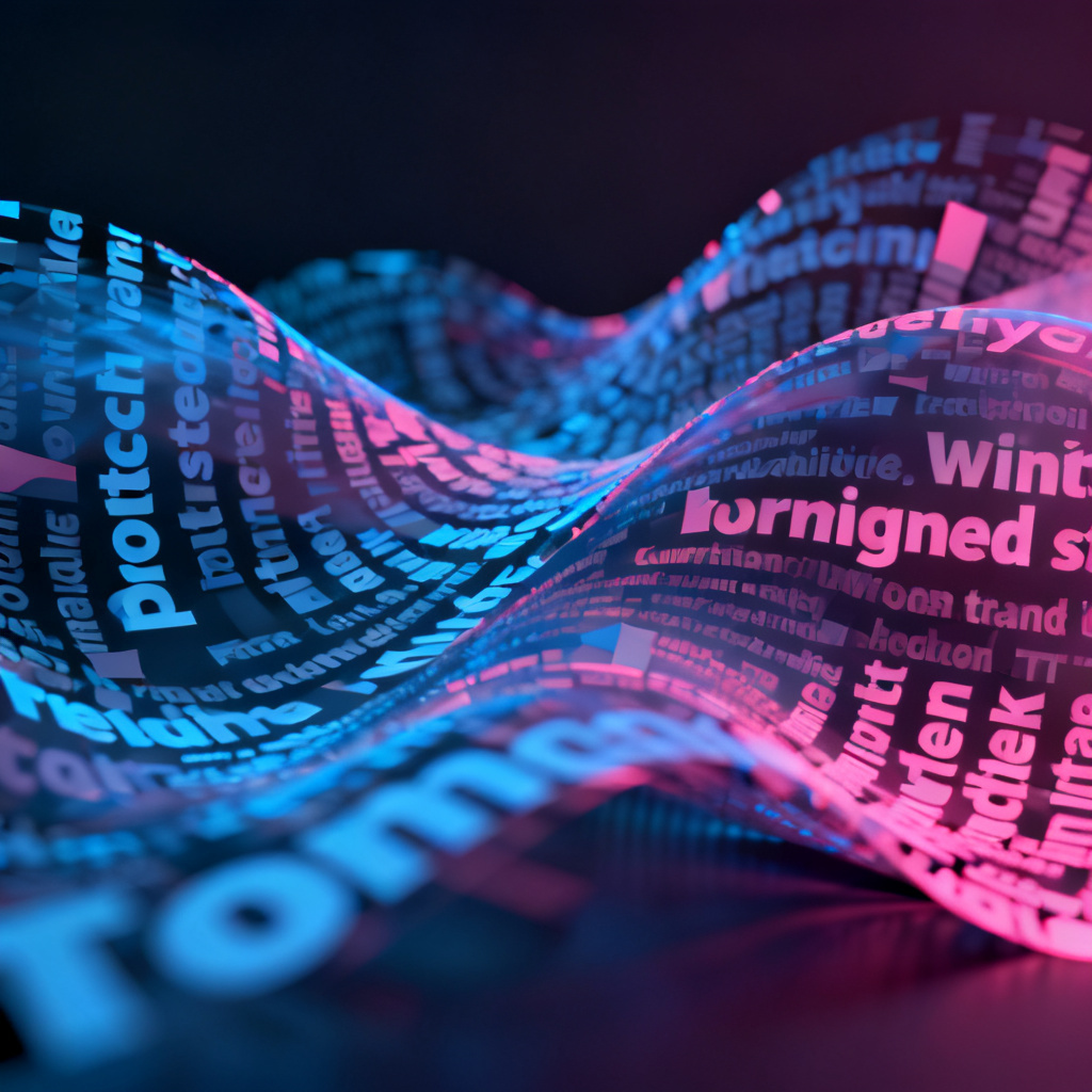 An animated word cloud with flowing text particles, transitioning between different shapes, cinematic quality