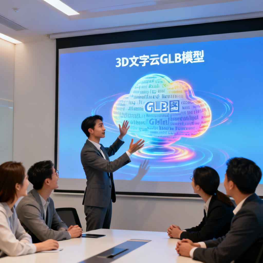 会议室场景,投影屏幕上显示轻云图生成的3D文字云GLB模型,一位职场人士正在用手势操作旋转模型,周围同事专注观看,表情赞赏