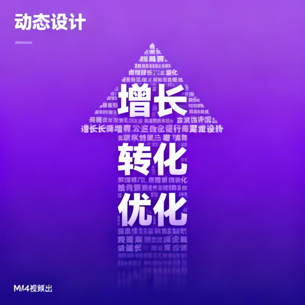 一个由轻云图生成的动态词云，形状为箭头，关键词“增长”“转化”“优化”以动画形式逐层出现，背景为渐变紫色，展示MP4视频输出效果