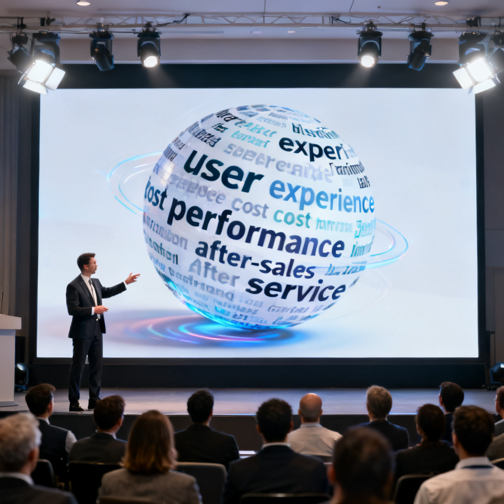 A presenter in a suit gesturing toward a large screen, where a 3D word cloud with keywords like "user experience," "cost performance," and "after-sales service" is being rotated interactively, with a conference audience watching.