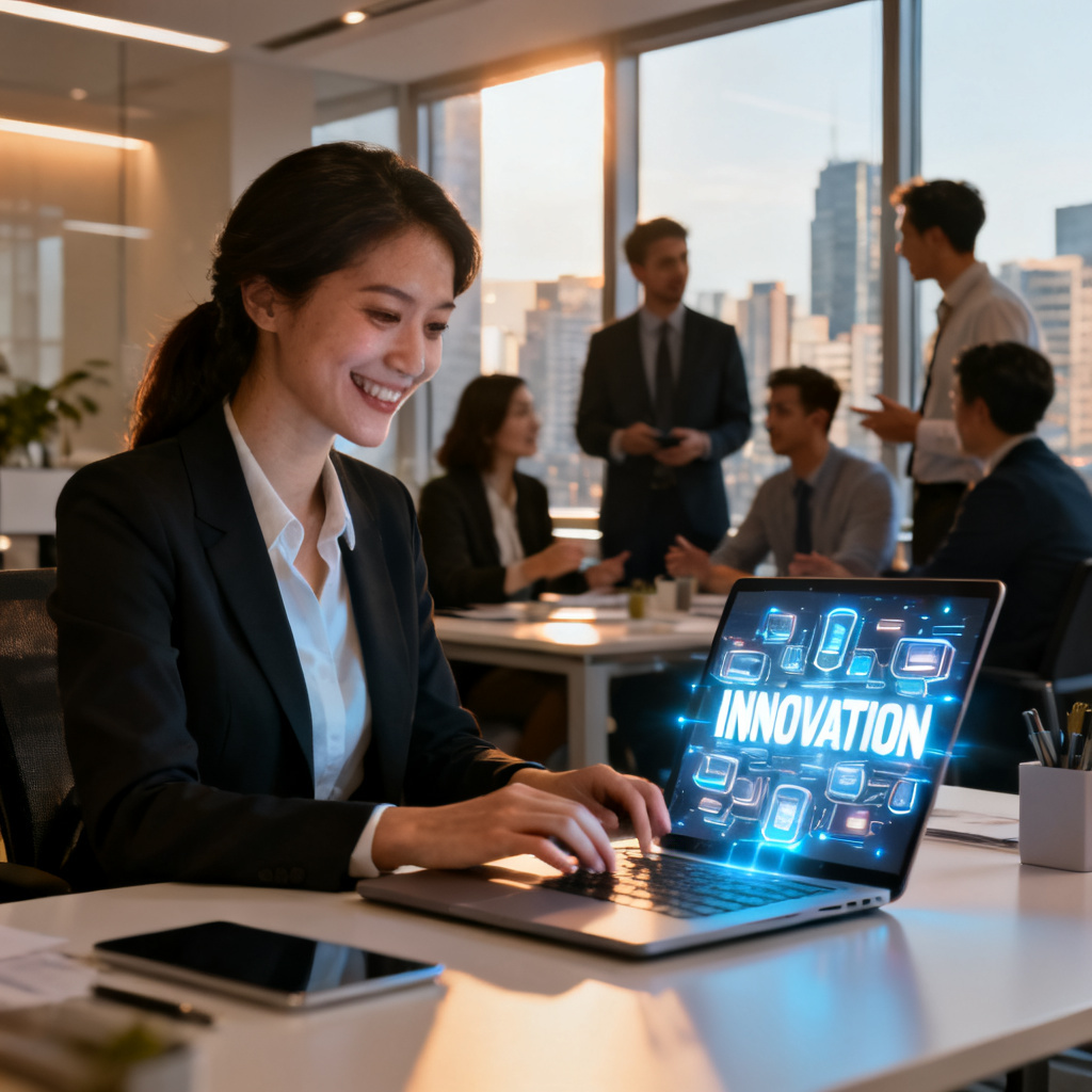 A professional woman in a modern office, smiling while using a laptop with a glowing 3D word cloud displayed on the screen, surrounded by team members