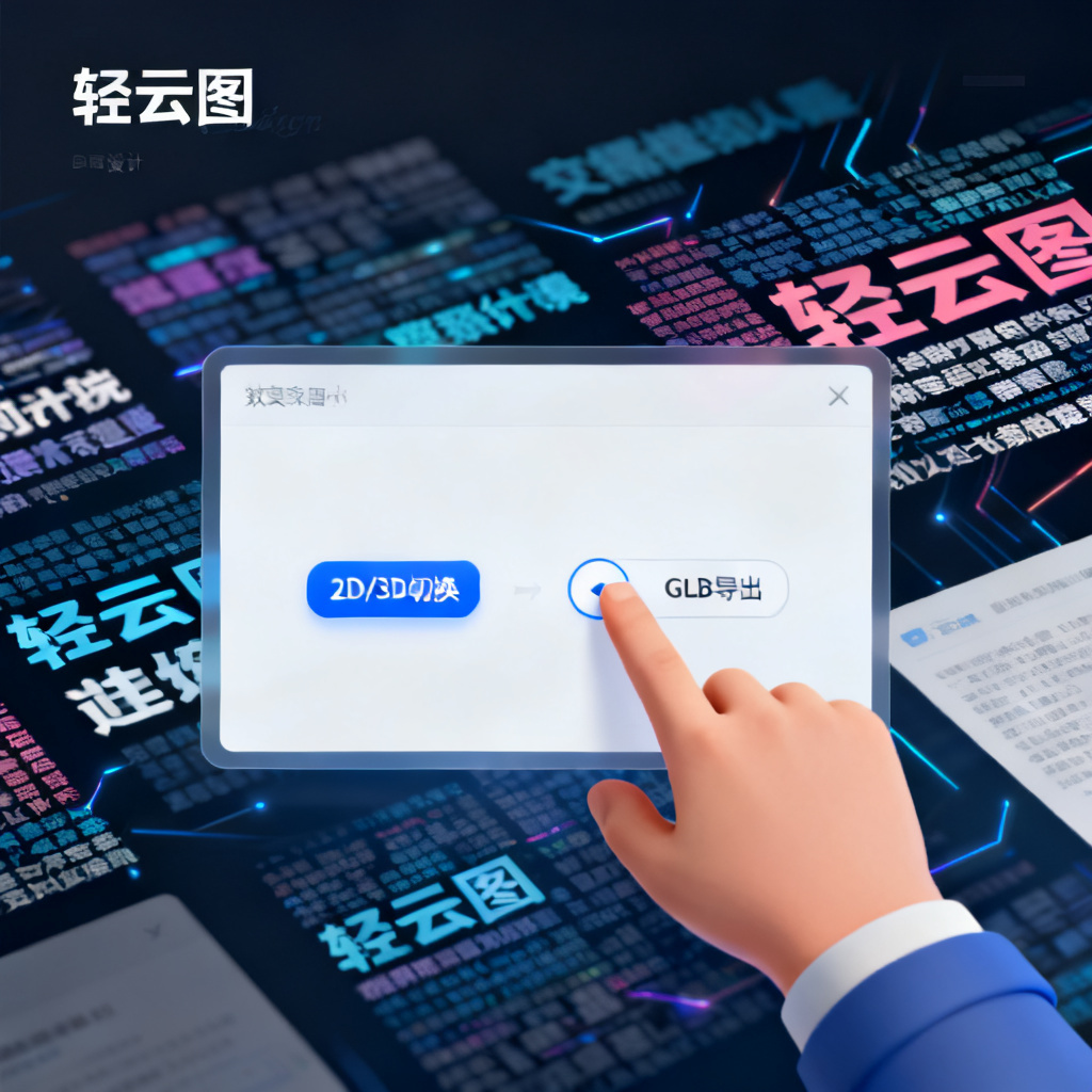 轻云图界面，展示2D/3D切换按钮和GLB导出选项，用户正在操作，背景为多种文字云效果图