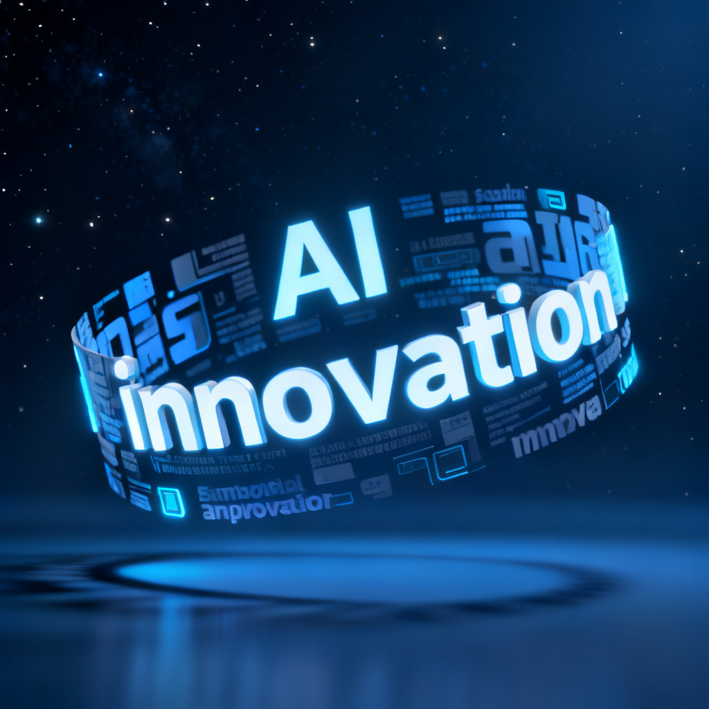 A 3D word cloud with glowing text elements rotating in a dark blue space, keywords like "AI" and "innovation" prominently displayed, cinematic lighting with soft shadows