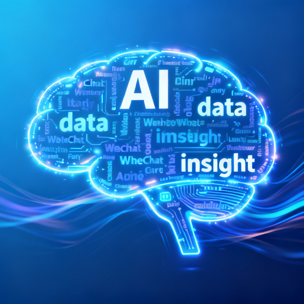 A WeChat public account article cover featuring a dynamic GIF word cloud with keywords like 'AI', 'data', 'insight' arranged in a glowing brain shape, set against a gradient blue background