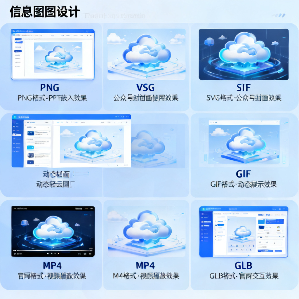 轻云图多场景输出示意图，展示其在不同格式（PNG、SVG、GIF、MP4、GLB）下的应用效果，包括PPT嵌入、公众号封面、官网交互等