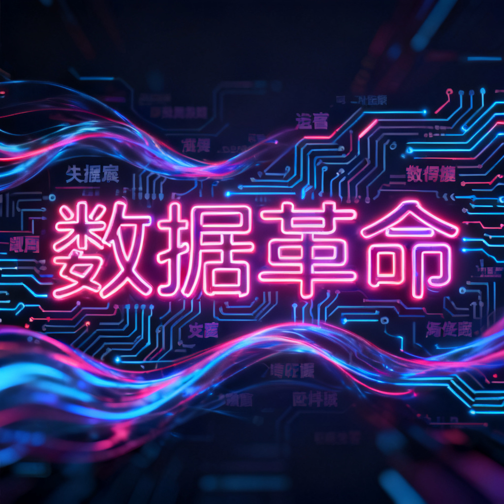 赛博朋克风格的动态文字云，核心词“数据革命”以霓虹灯效果呈现，周围文字如电路般流动连接