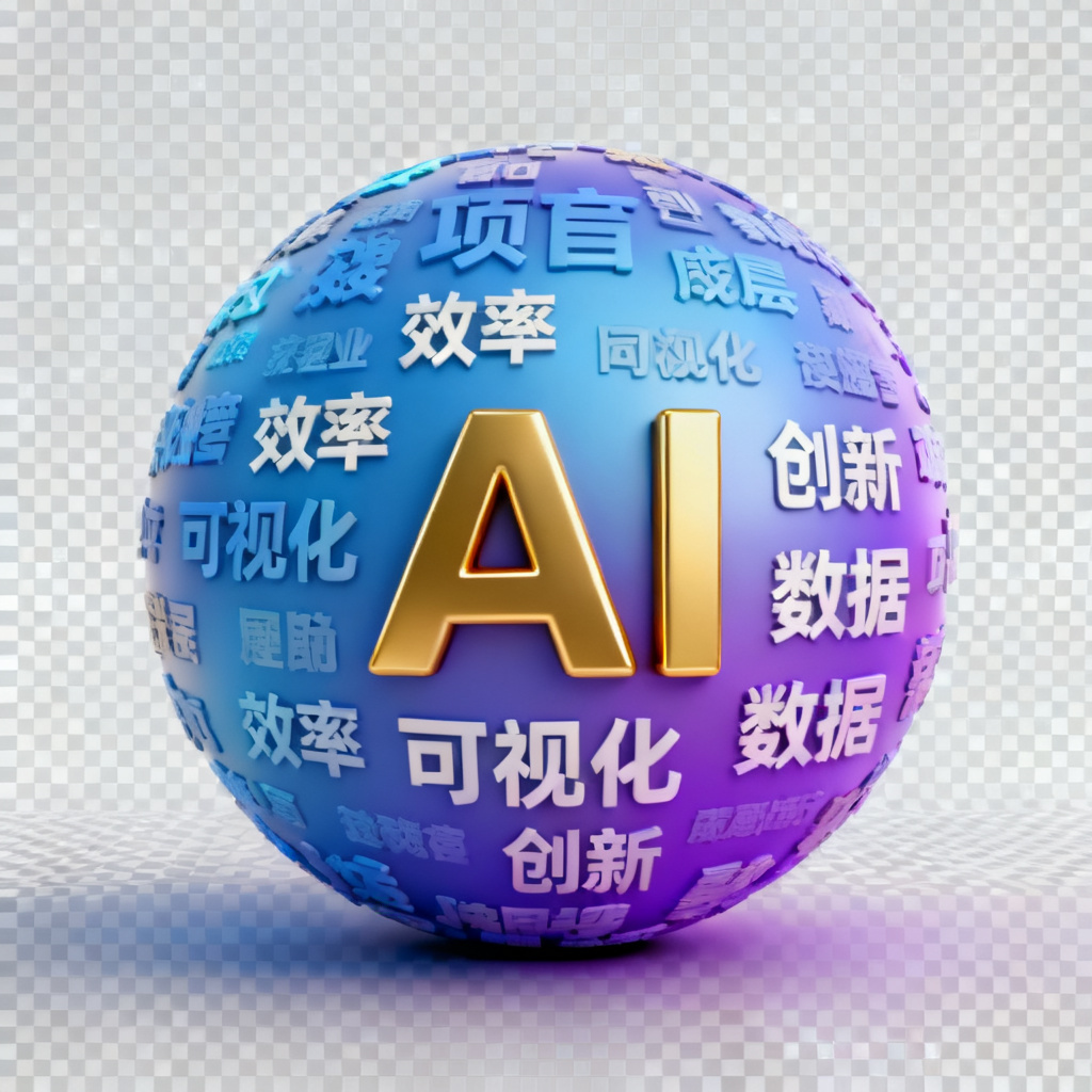 一个3D球形文字云，中心词为“AI”，以金色突出显示，周围环绕“效率”“可视化”“创新”“数据”等词，颜色从蓝色渐变到紫色，背景透明，球体表面有柔和光泽