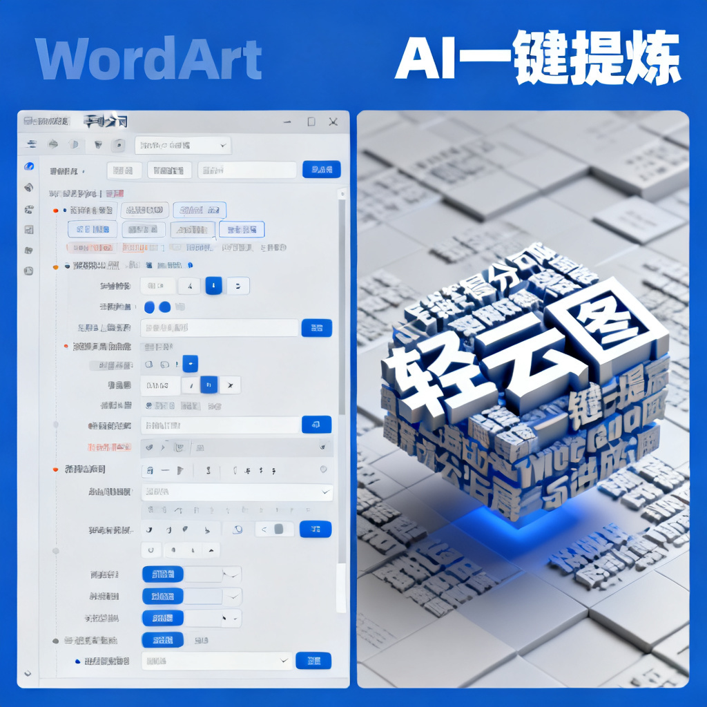 一张对比图，左边是WordArt的复杂手动分词界面，右边是轻云图一键生成的3D文字云，标注“AI一键提炼”