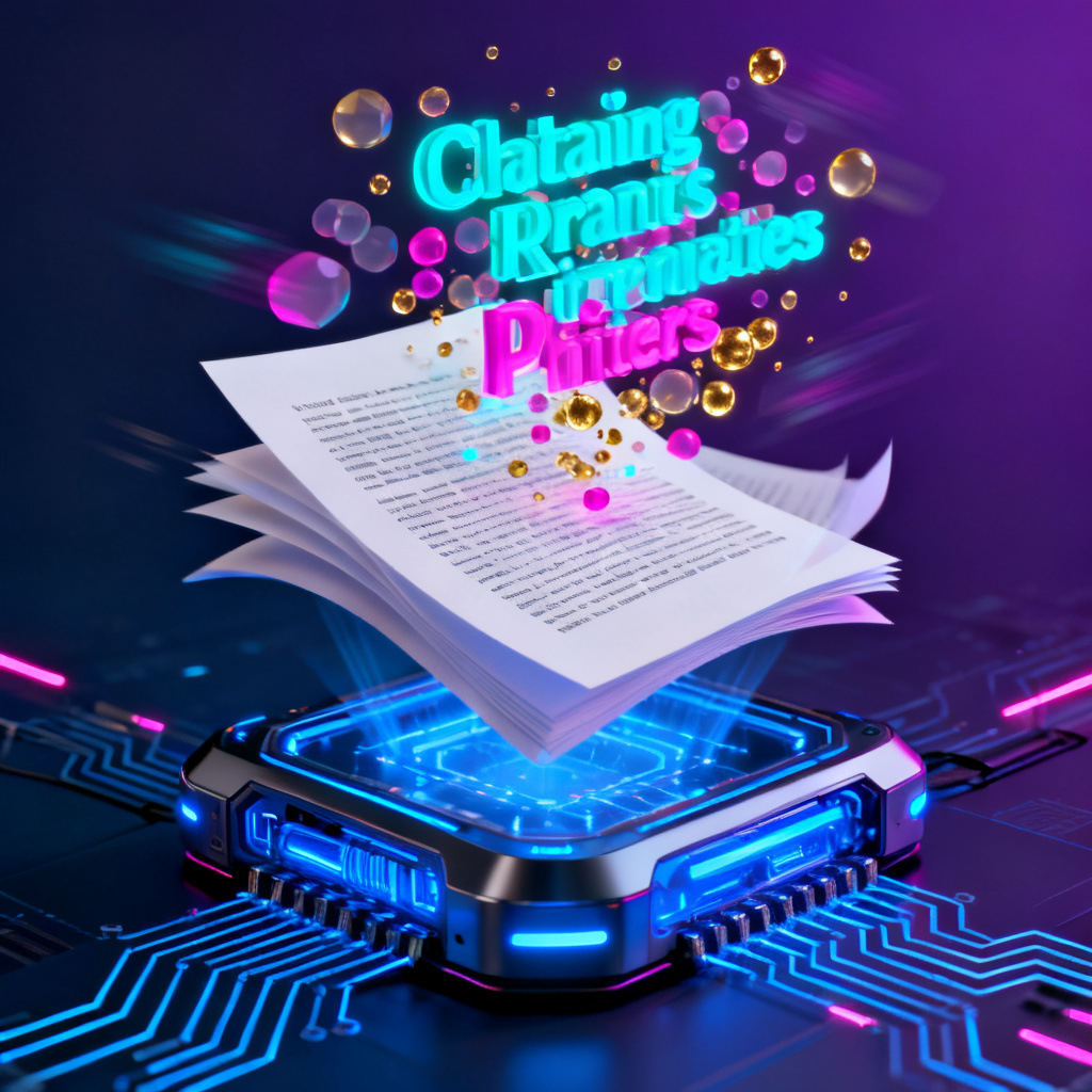 A futuristic AI engine scanning a large text document, extracting keywords as glowing 3D particles that form a vibrant word cloud.