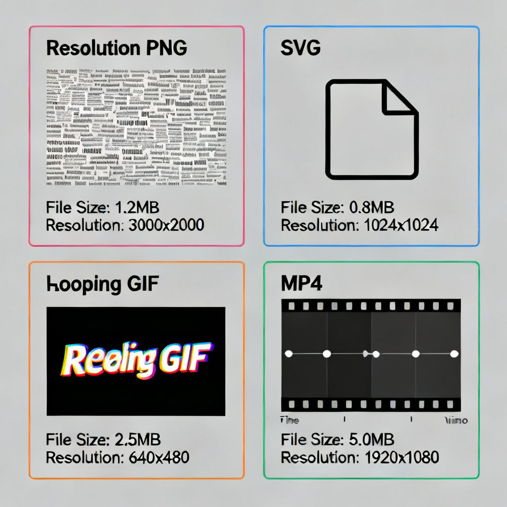 A split-screen comparison showing four output formats: a high-resolution PNG of a word cloud, a transparent SVG icon, a looping GIF with animated text, and an MP4 video timeline, each labeled with file size and resolution