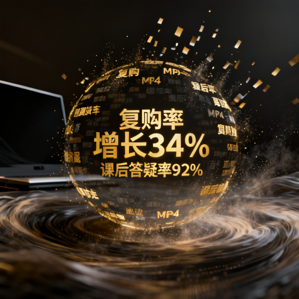 MP4视频格式文字云，文字从屏幕外飞入，最终聚合成一个圆形词云，关键词“复购率”“增长34%”“课后答疑率92%”以金色高亮显示，视频背景为动态粒子流动效果，整体风格高端商务