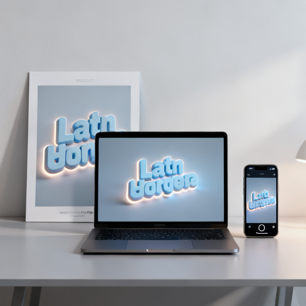A minimalist desk setup with a laptop displaying a glowing 3D word cloud, a smartphone showing a GIF animation of the same word cloud, and a printed poster with a high-res PNG version, all unified by the same color scheme
